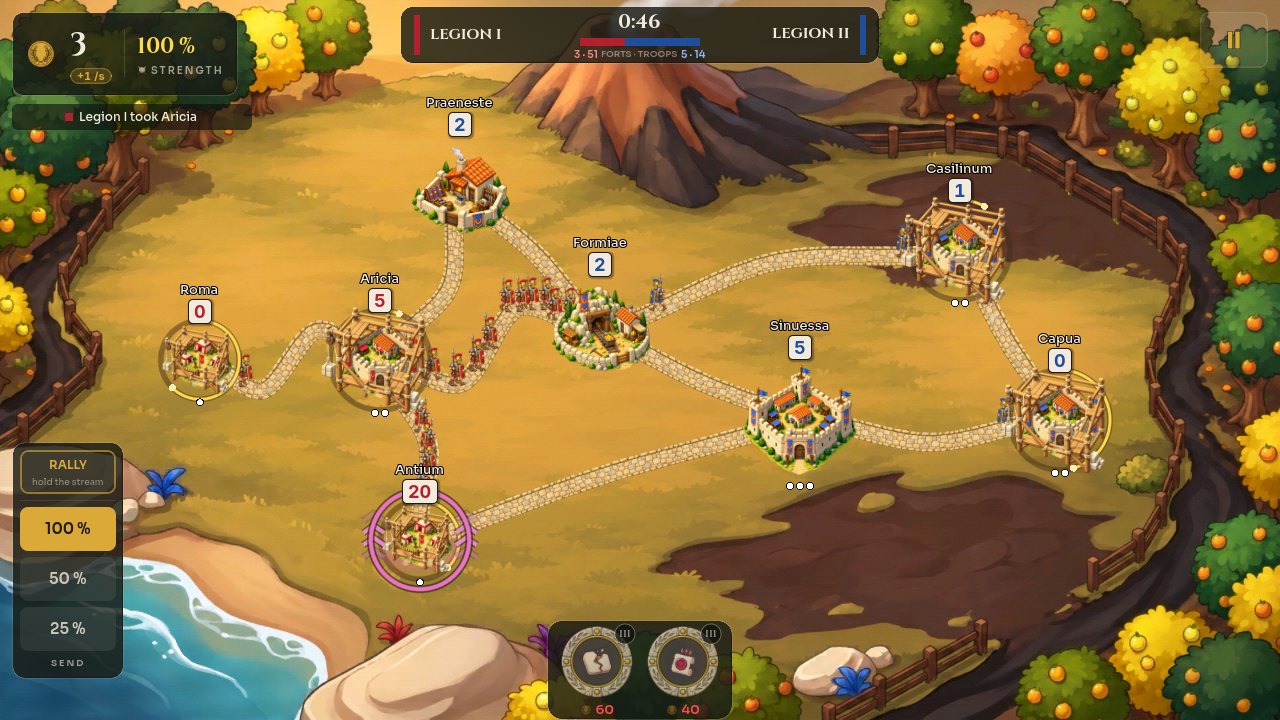 A match in progress: forts joined by roads, troops on the march